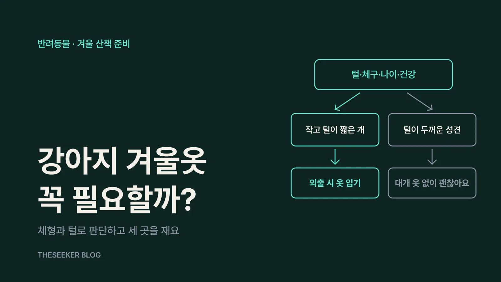 작은 체구나 짧은 털을 가진 개는 외출 시 옷이 도움이 되고, 두꺼운 털의 건강한 성견은 대개 옷 없이도 괜찮다는 판단 흐름도