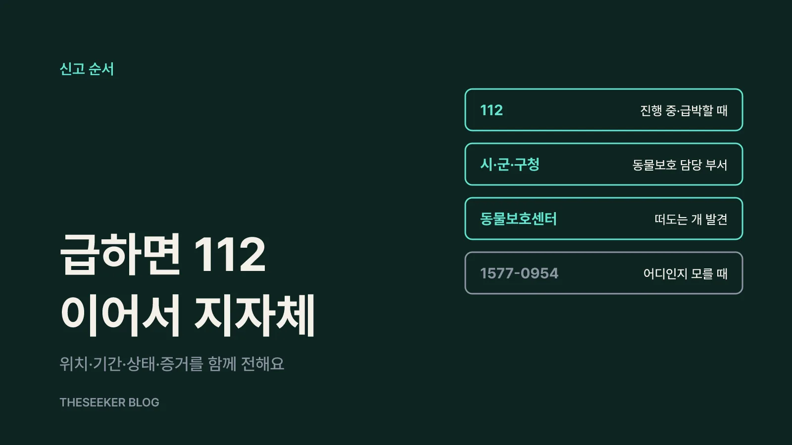 신고 순서: 112 → 지자체 동물보호 담당 → 동물보호센터